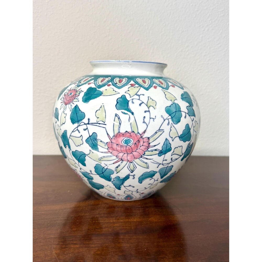 Vintage Hand Painted Chinese Porcelain Ginger Jar Floral Vase Teal Pink 8”